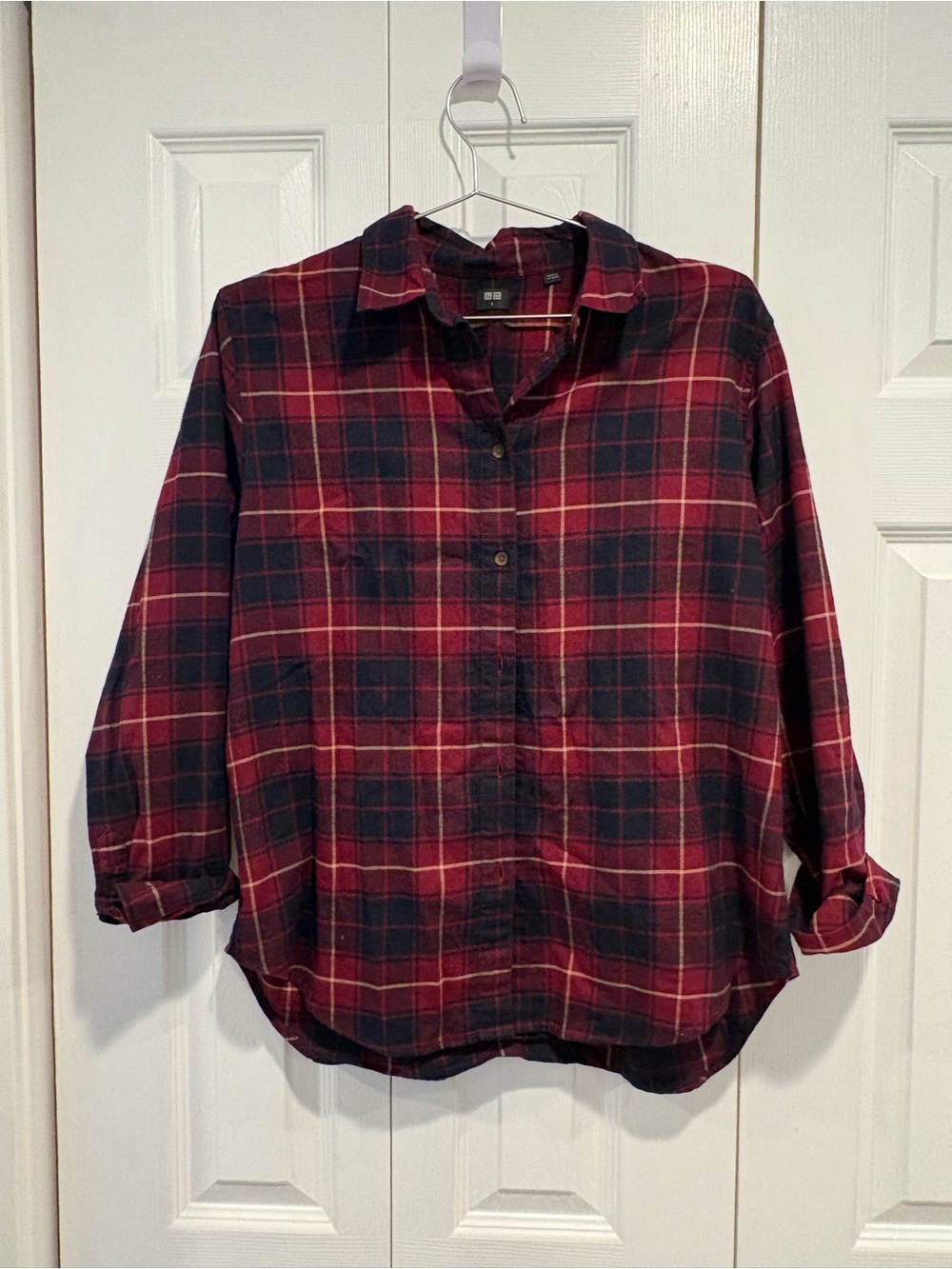 Uniqlo Burgundy and Navy Plaid Button-Down Shirt